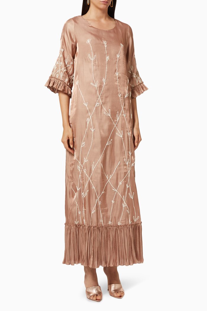 Organza Kaftan with Embroidery, Brown