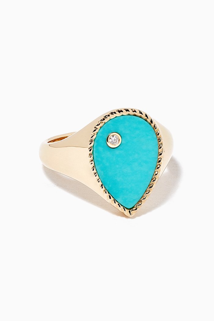 

Mademoiselle Pear Signer Ring with Turquoise in 9kt Yellow Gold, Blue