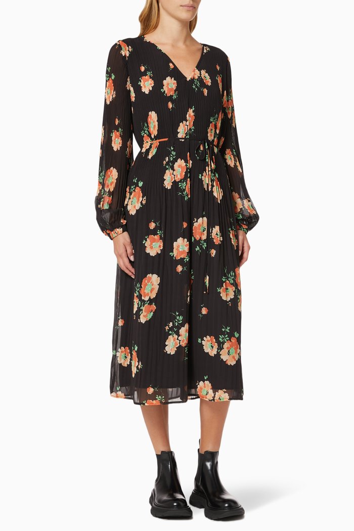 

Willow Pleated Dress in Floral Chiffon, Black