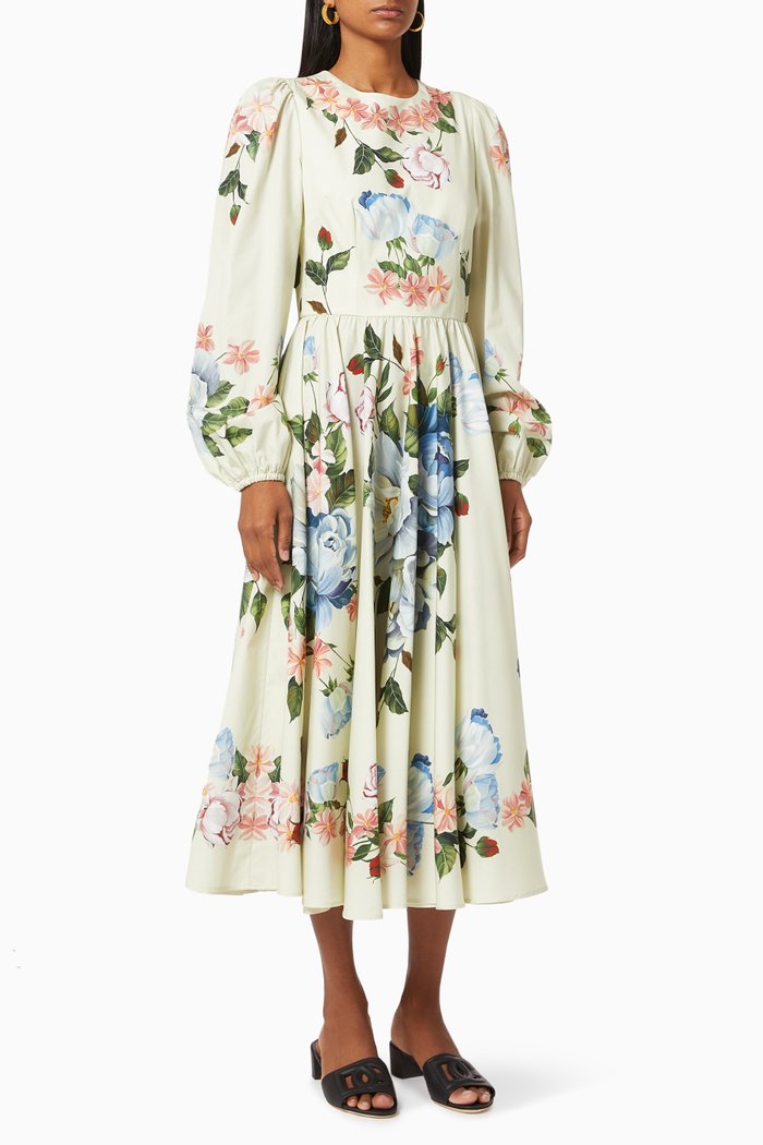 

Evasé Dress with Floral-print in Cotton Poplin, Multicolour