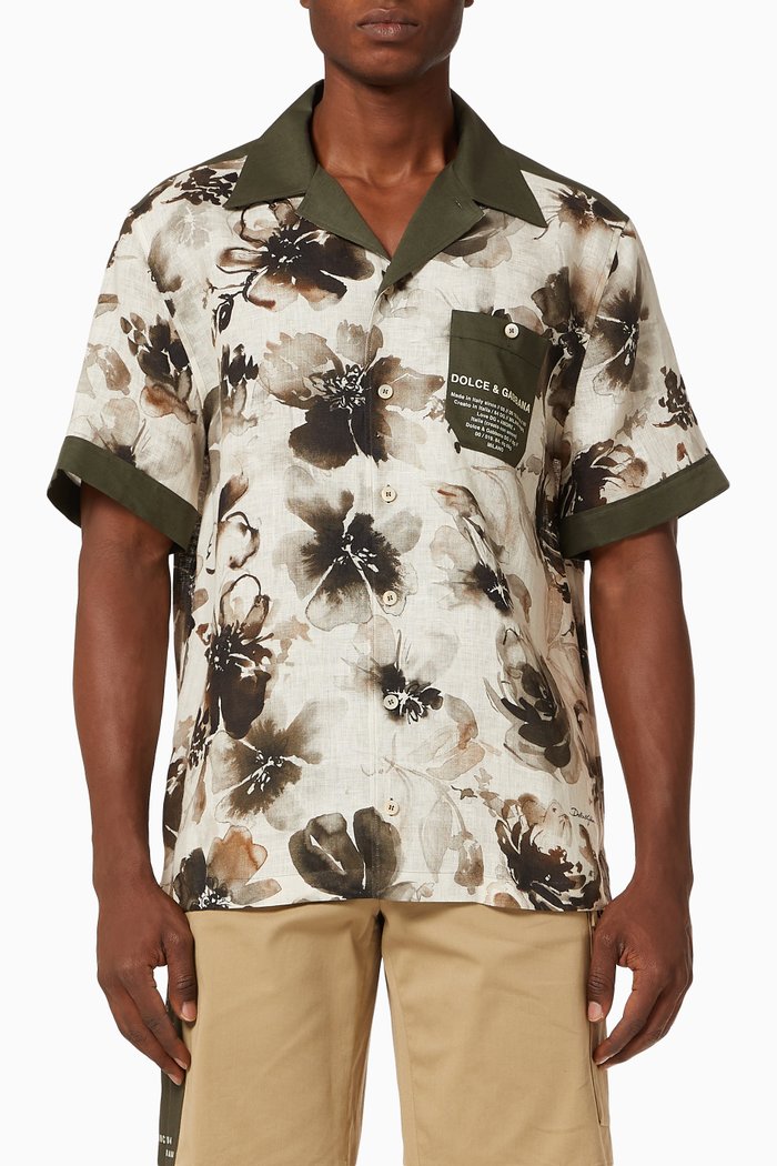 

Hawaiian Shirt in Floral Camo-print Linen, Neutral