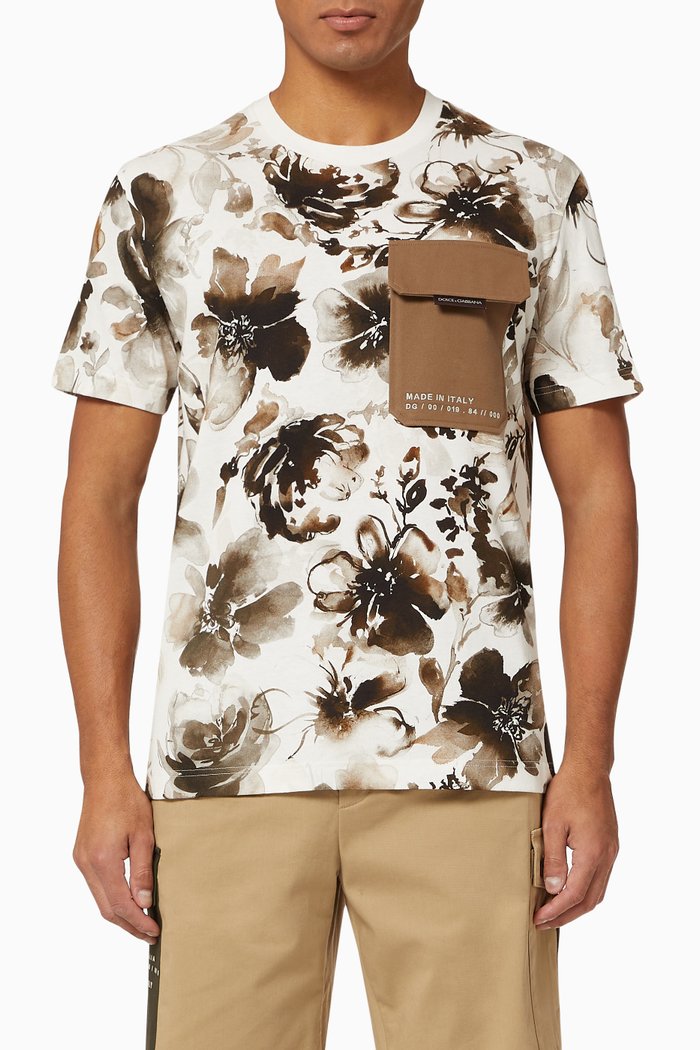 T-shirt with Cargo Pocket in Floral Camo-print Cotton Jersey, Neutral