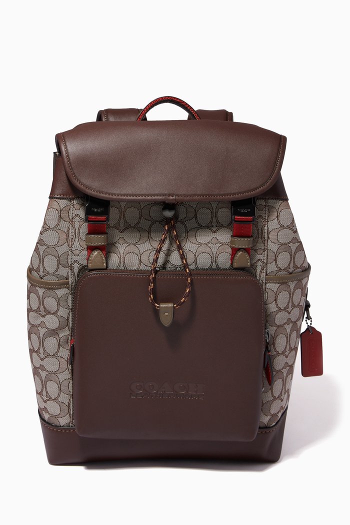 

League Flap Backpack in Signature Jacquard, Brown