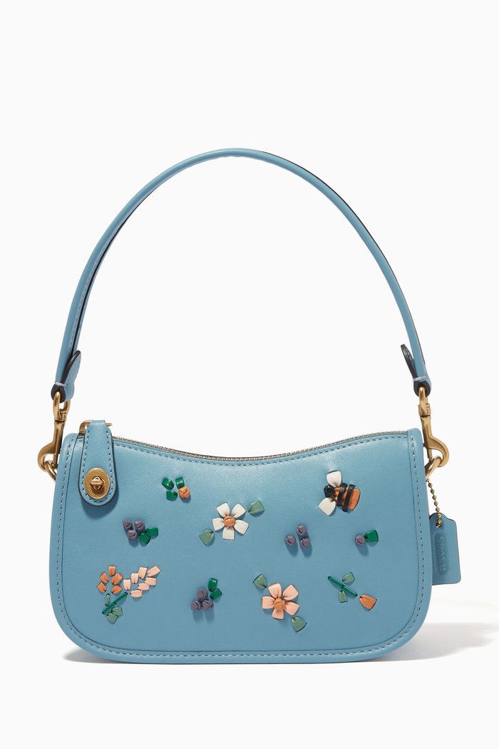 Swinger 20 with Floral Embroidery in Leather, Blue