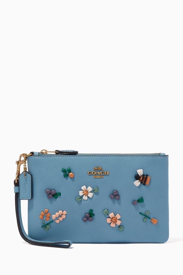 

Small Wristlet with Floral Embroidery in Leather, Blue