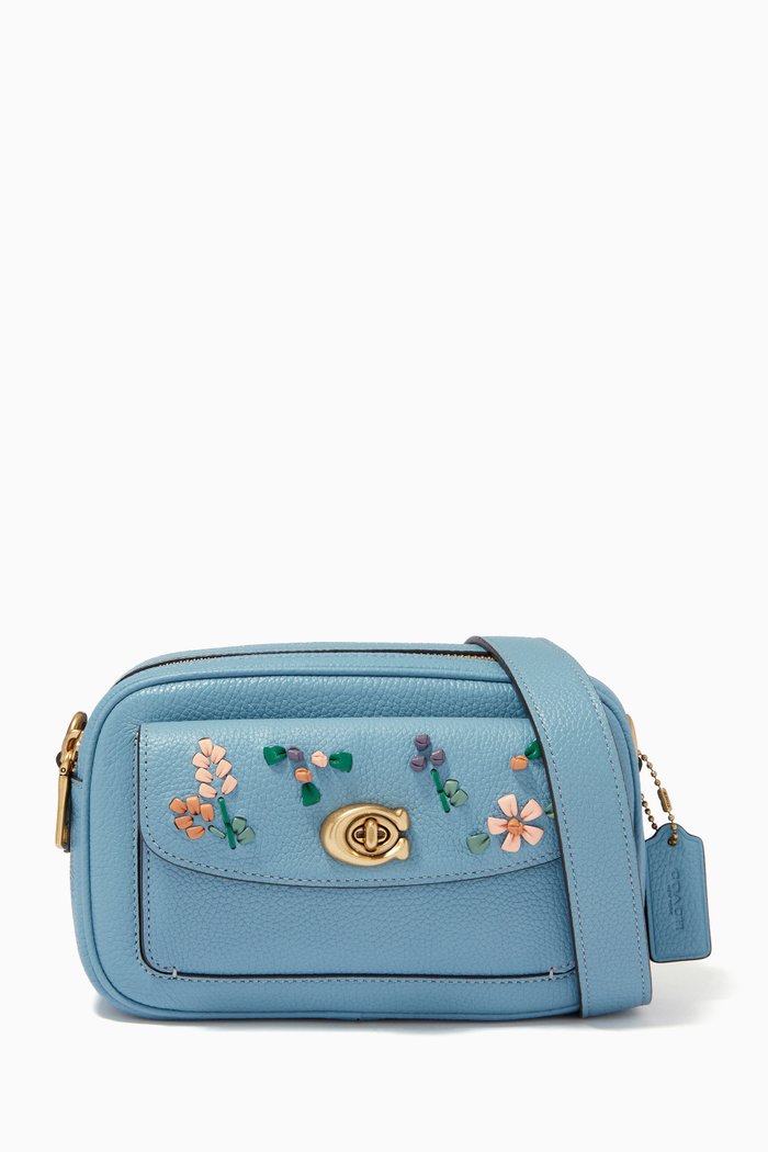 Willow Camera Bag with Floral Embroidery in Leather, Blue
