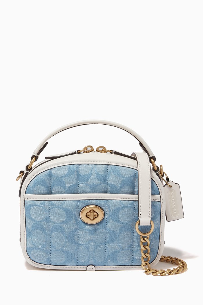 

Lunchbox Top Handle Bag in Quilted Leather, Blue
