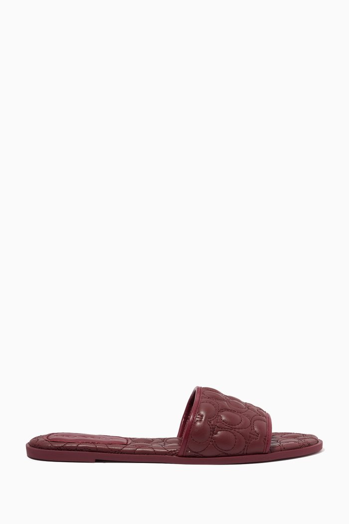 Olivea Slide Sandals in Topstitch Leather, Black