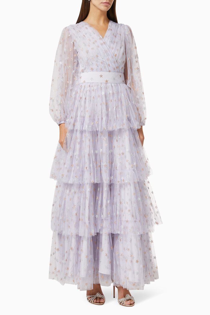

Tiered Gown with Metallic Star Print, Purple