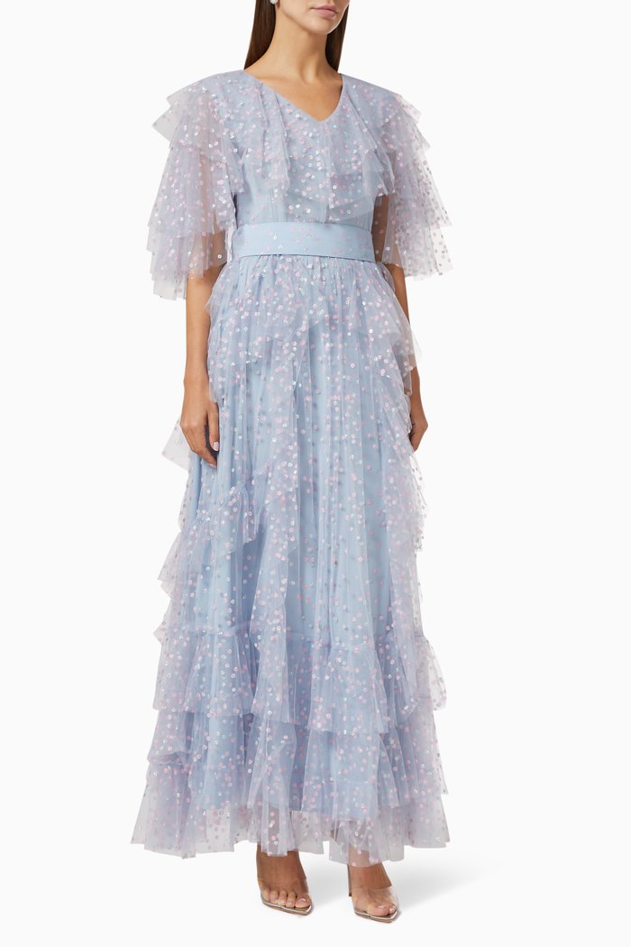 Shimmer Tiered Gown with Ruffles, Purple