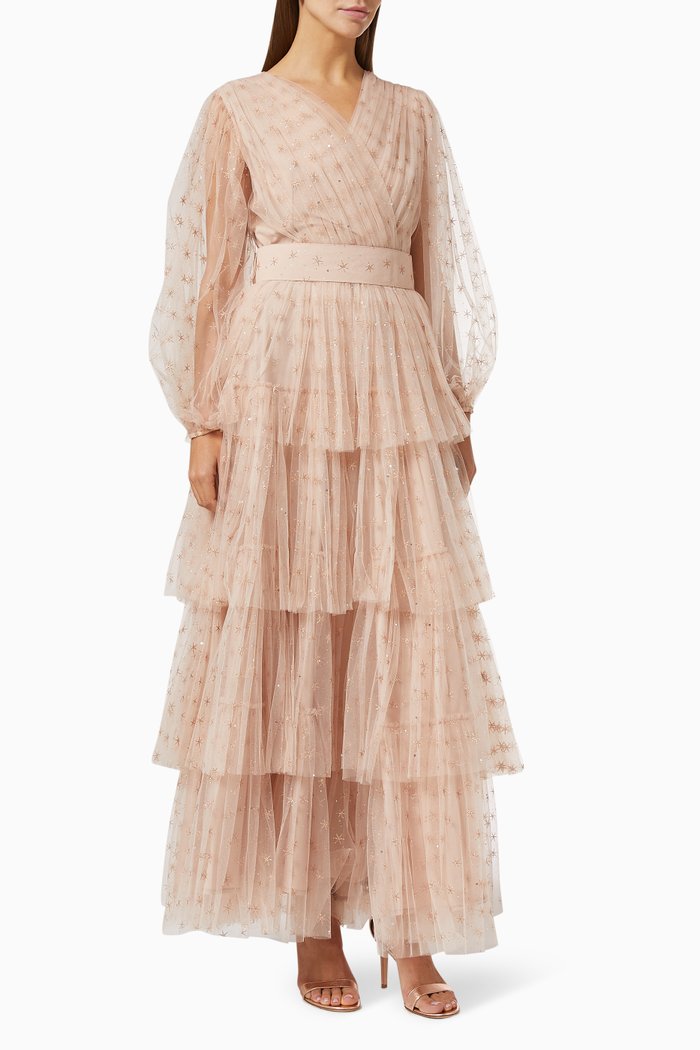 

Tiered Gown with Sequin Embroidery, Neutral