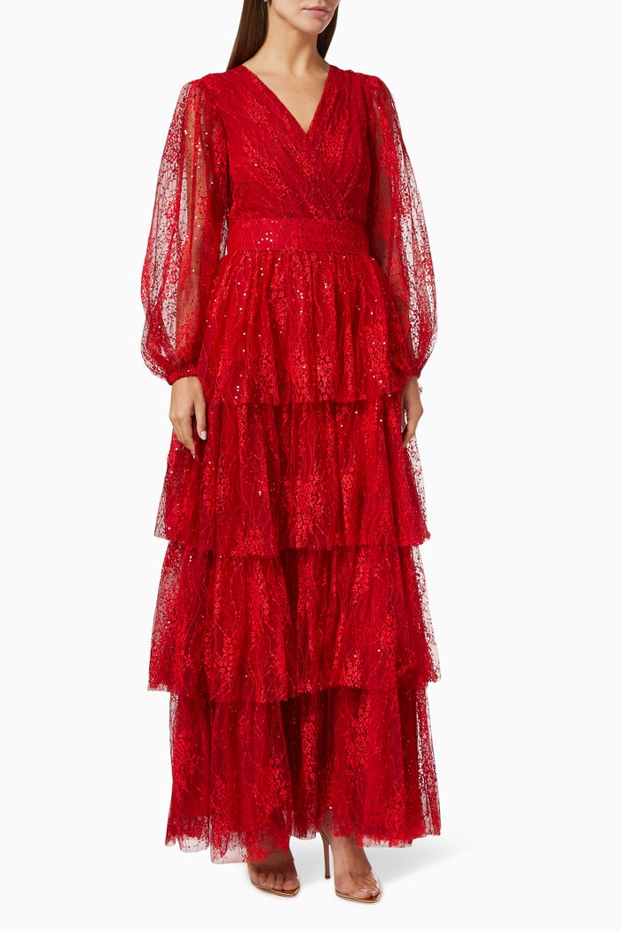 

Tiered Gown with Sequin Embroidery, Red