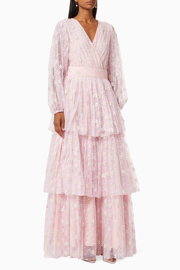 Tiered Gown with Floral Embroidery, Pink