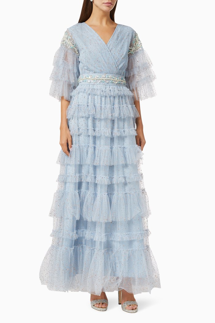 

Tiered Gown with Sequin Embroidery, Blue
