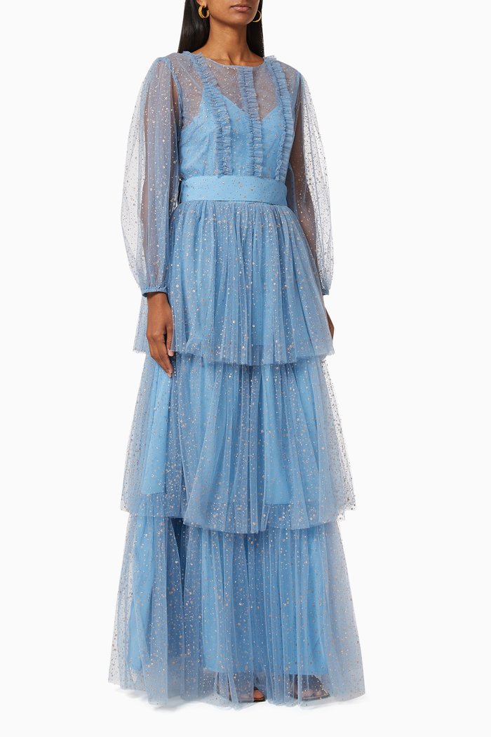 Tiered Gown with Shimmer Embroidery, Blue