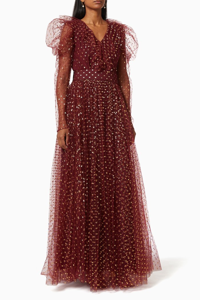 

Frill Gown with Shimmer Embroidery, Red