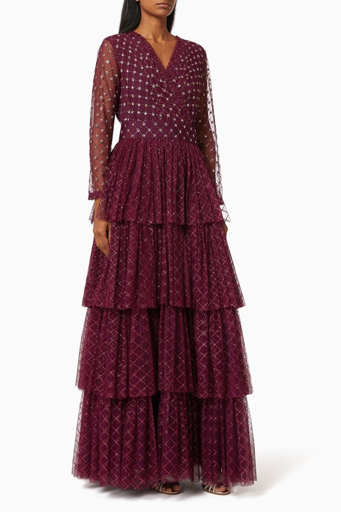 

Tiered Gown with Sequin Embroidery, Burgundy