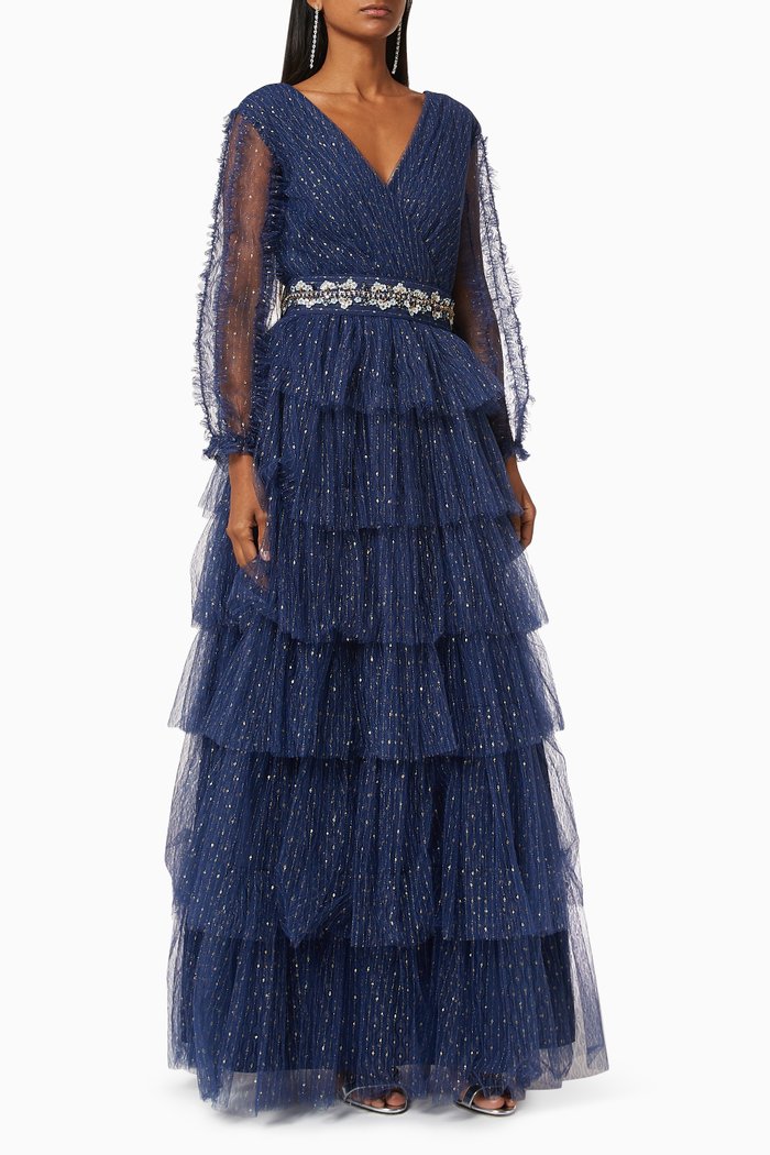

Tiered Gown with Sequin Embroidery, Blue
