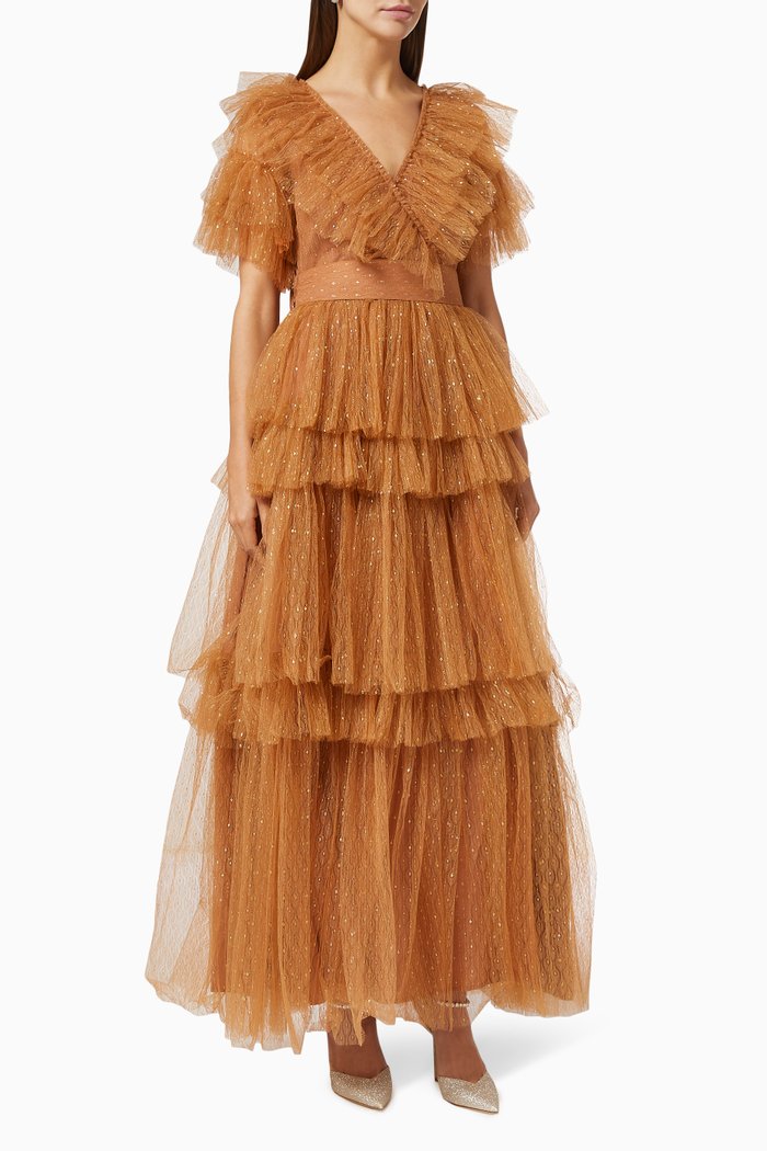 Tiered Gown with Shimmer Embroidery, Gold