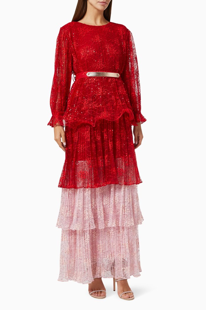 

Tiered Dress in Sequinned Lace, Red