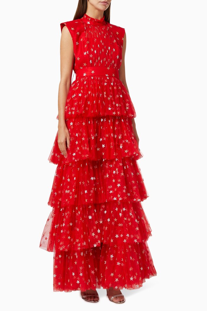 

Tiered Dress with Metallic Stars, Red
