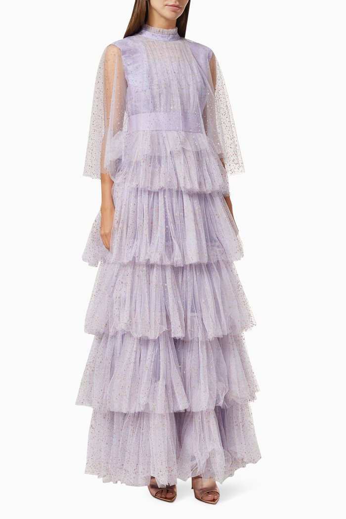 Tiered Dress in Shimmer Tulle, Purple