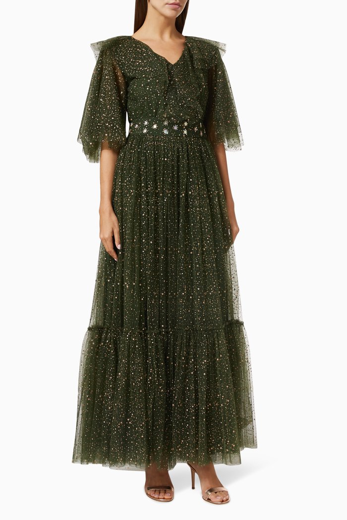 

Ruffle Dress with Sequin Embroidery, Green