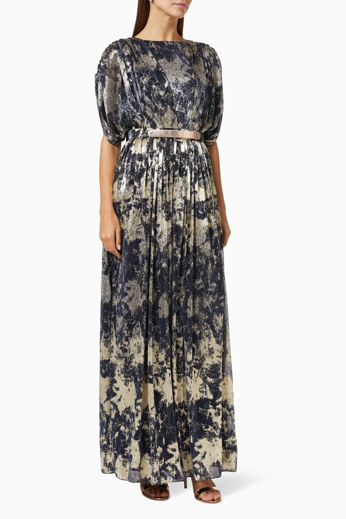 

Metallic Draped Dress with Belt, Blue
