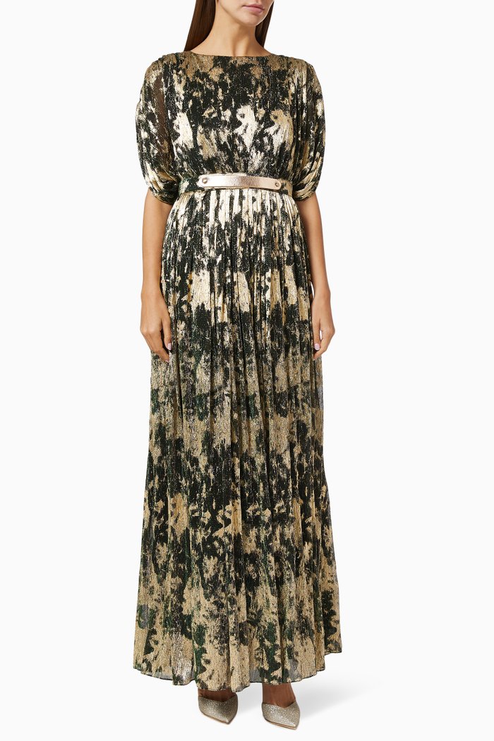 

Metallic Draped Dress with Belt, Green