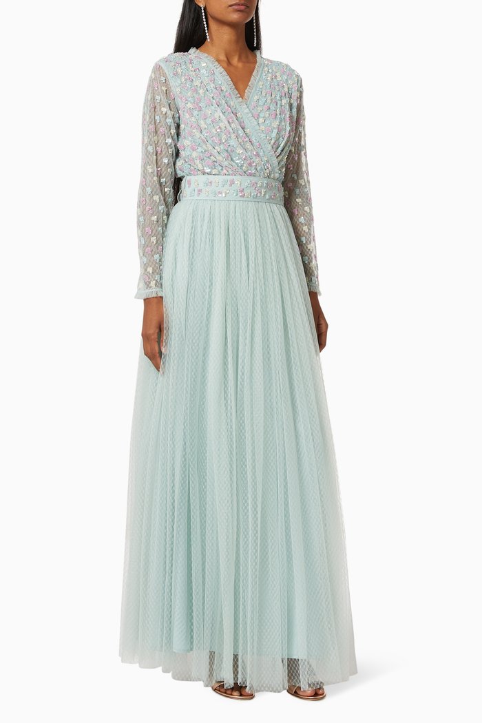

Tulle Gown with Floral Embroidery, Blue