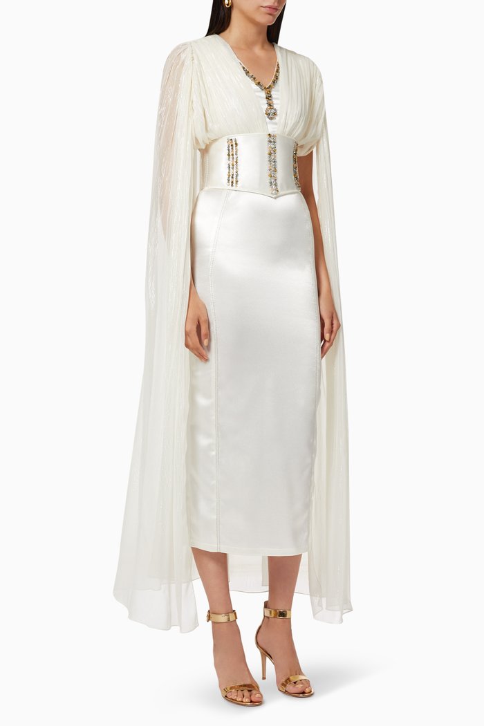 Cape Chiffon Pleated Dress, White