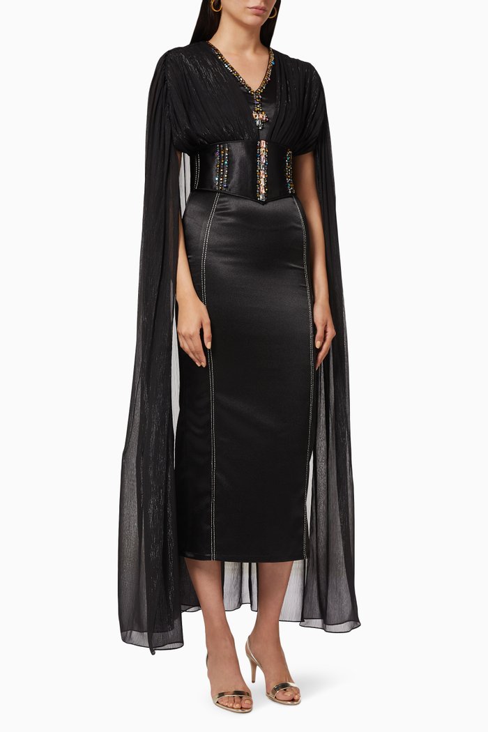 

Cape Chiffon Pleated Dress, Black