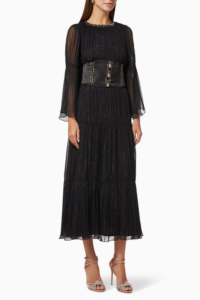 Chiffon Pleated Dress, Black