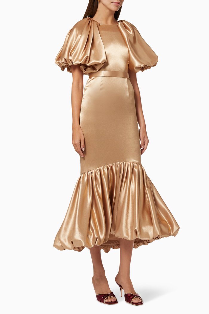 Satin Puffy Fishtail Dress, Gold
