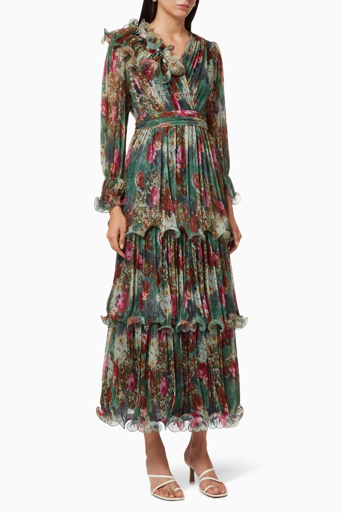 

Floral Frill Pleated Dress, Multicolour