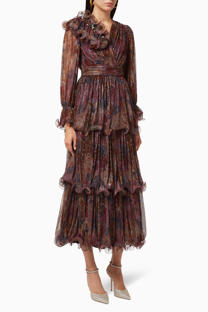 

Floral Frill Pleated Dress, Burgundy