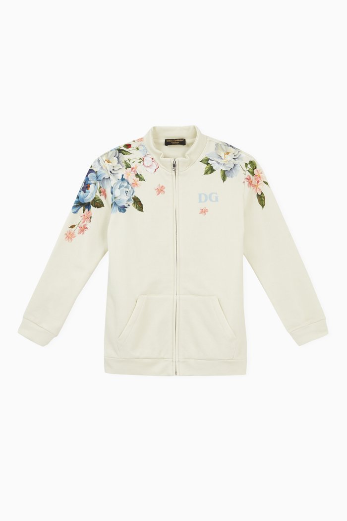 

Zip-up Sweatshirt with Magnolia Print in Jersey, Neutral