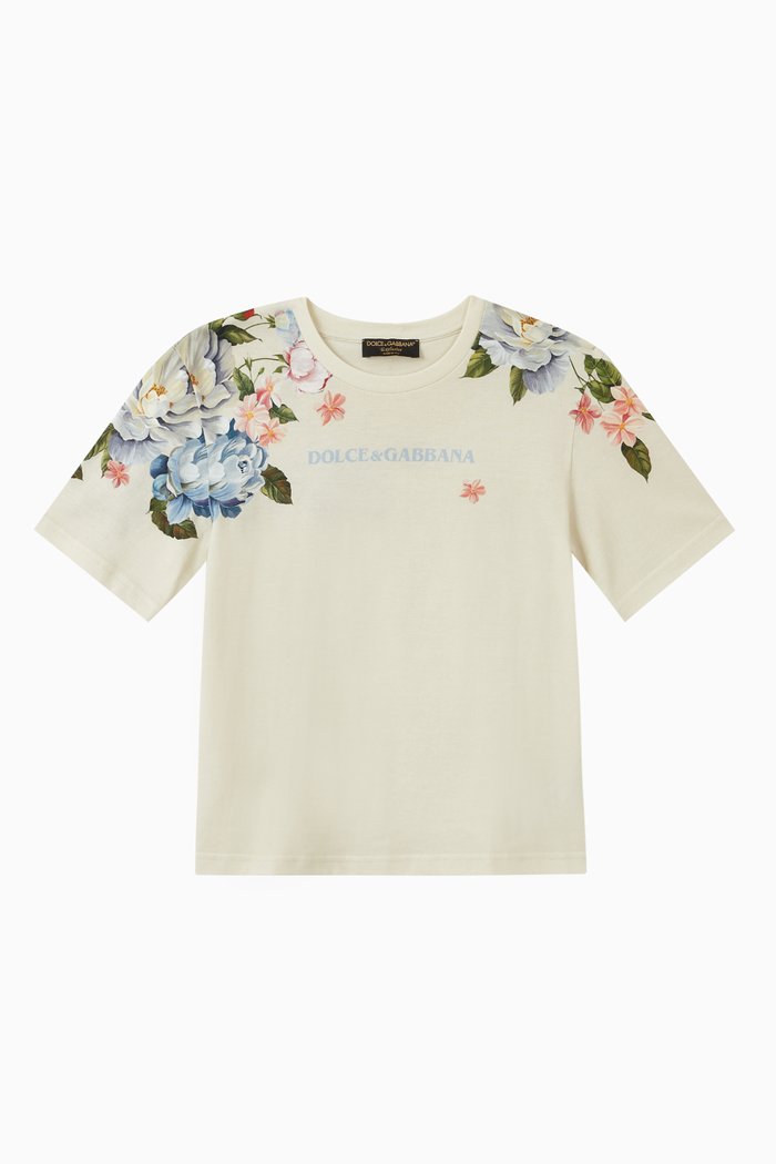 

T-shirt with Flower Print in Cotton, Neutral