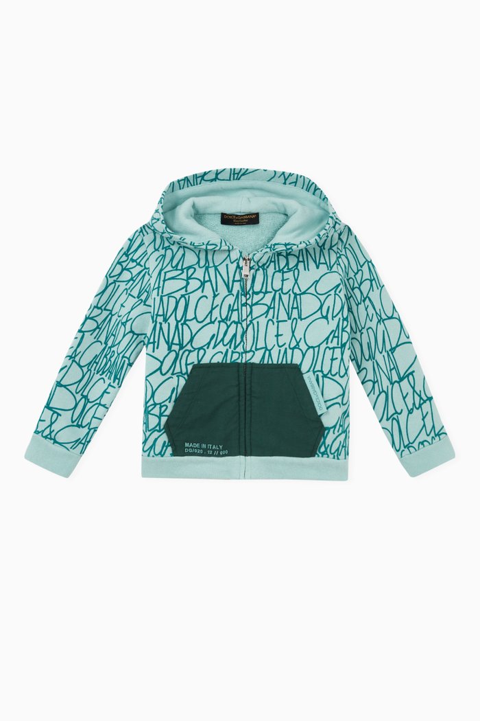 

Hoodie with Flannel Pocket in DG-print Cotton Jersey, Blue