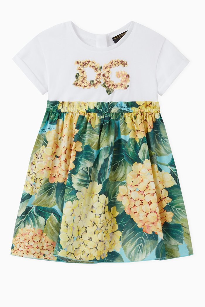 

Dress with DG Embroidery in Cotton Jersey and Floral Poplin, Multicolour