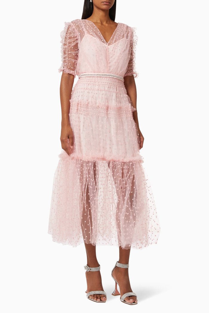 Midi Dress in Dot Mesh, Pink