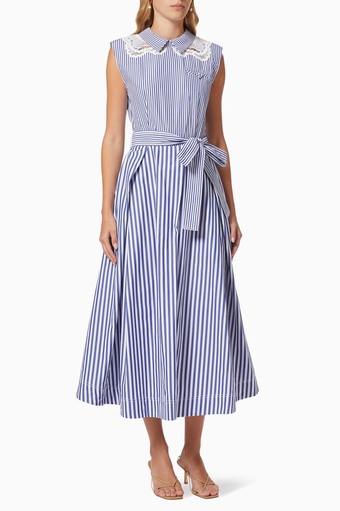 

Embroidered Stripe Midi Dress in Cotton, Blue