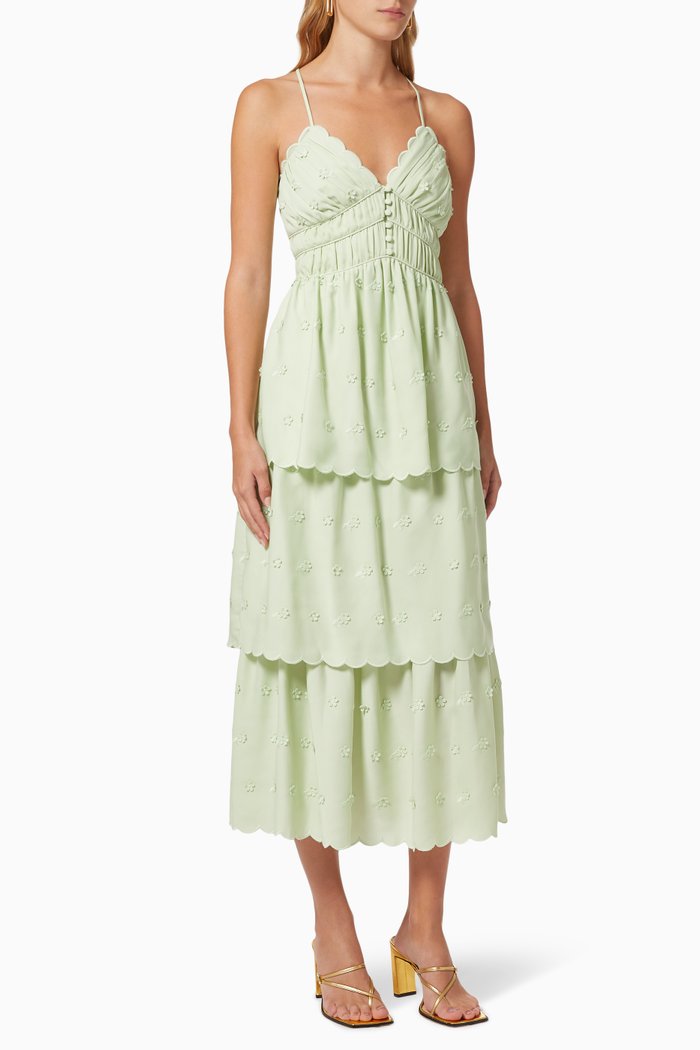 

3D Flower Tiered Midi Dress in Chiffon, Green