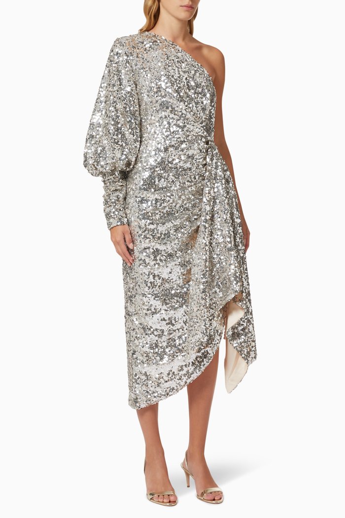 

Landslide One-shoulder Midi Dress in Sequin, Silver