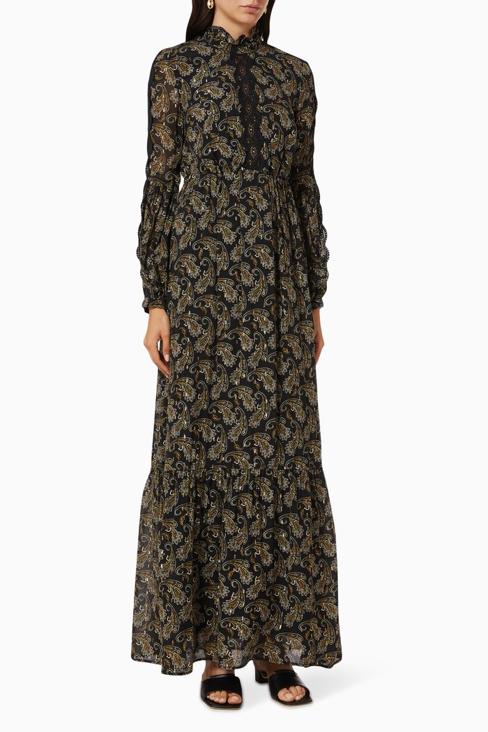 

Lois 1 Paisley Print Dress with Lace Inserts, Black