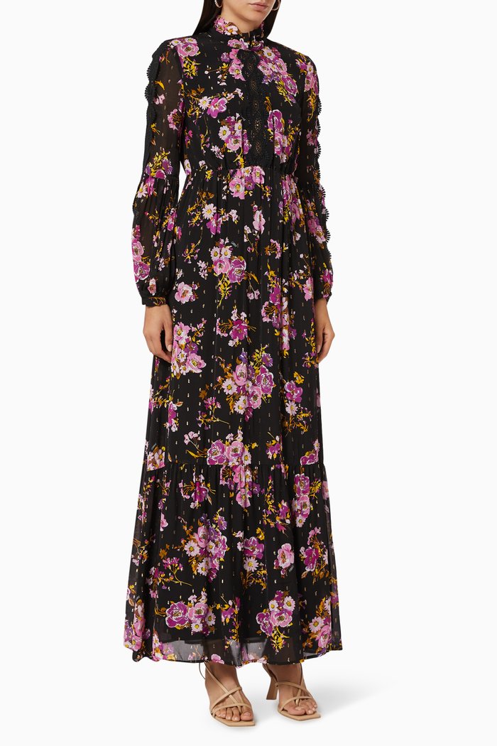 

Lois 1 Paisley Print Dress with Lace Inserts, Black