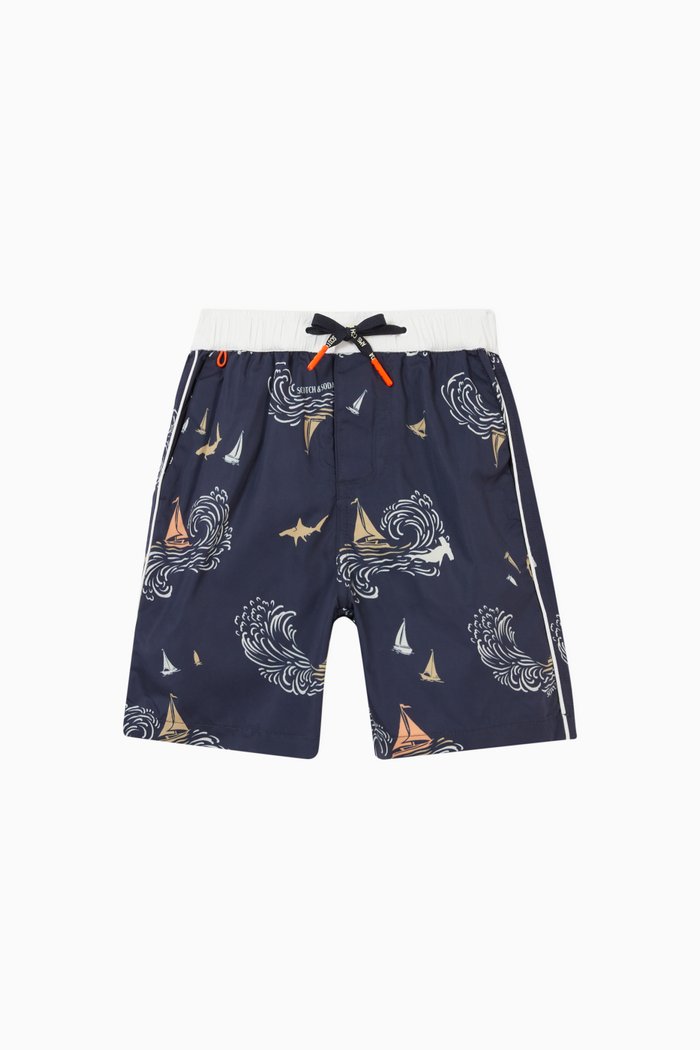 

Longer Length Printed Swim Shorts in Recycled Polyester, Multicolour