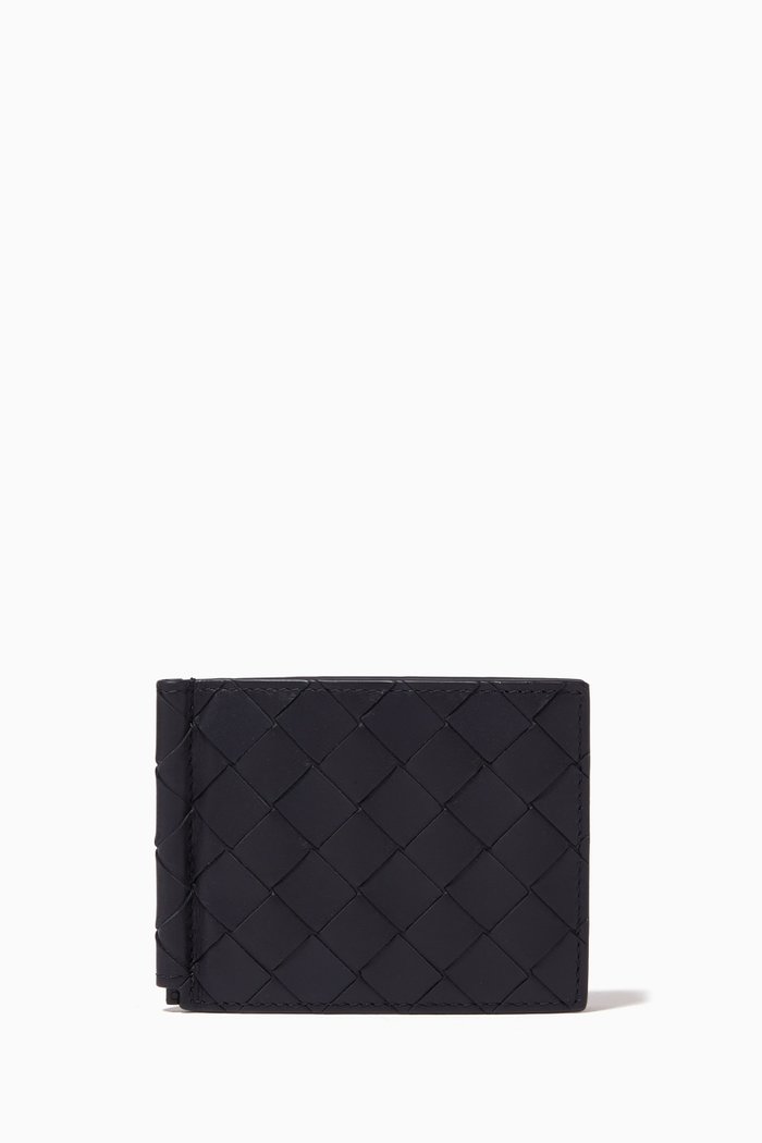 

Bi-fold Wallet with Money Clip in Intrecciato Calfskin, Blue