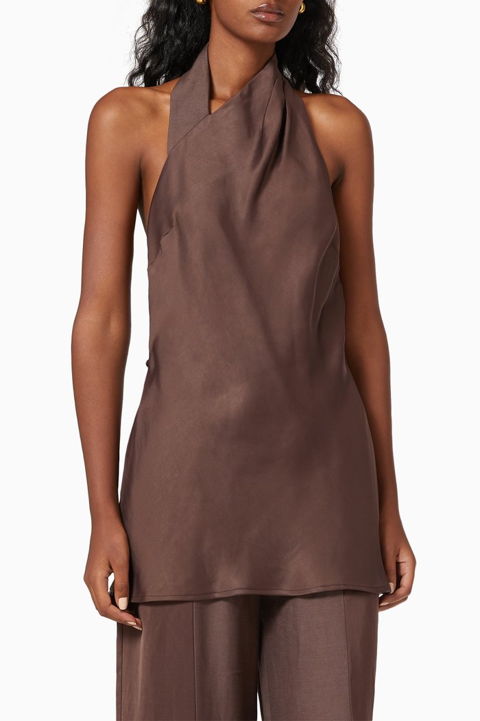 

Bind Satin-linen Halter Top, Brown