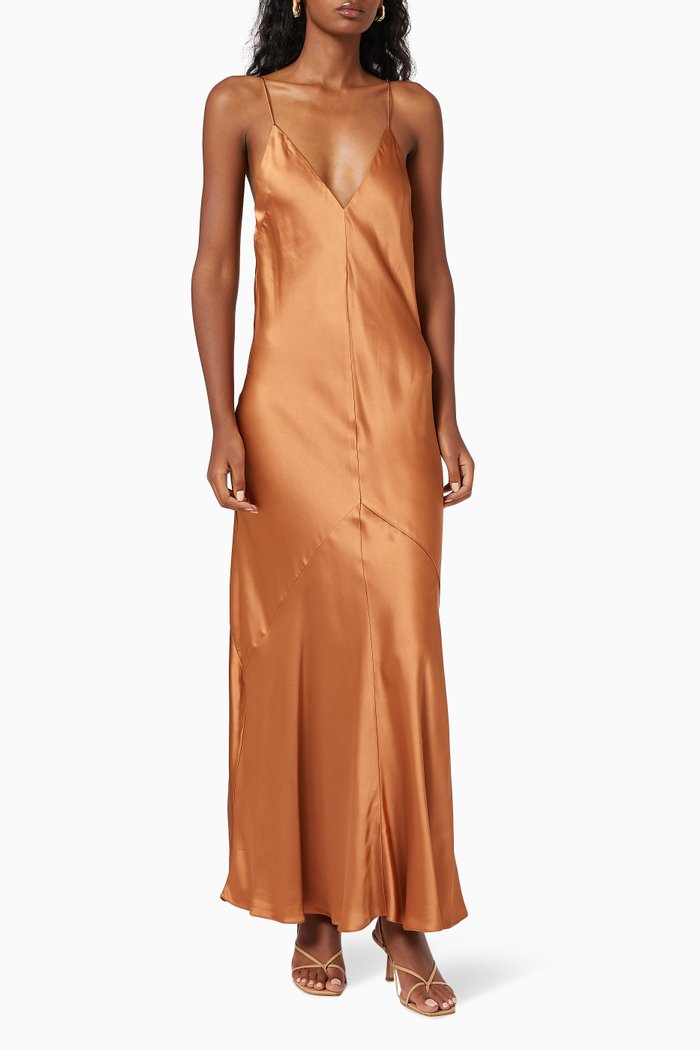 Liquid Bias Satin Slip Dress, Brown